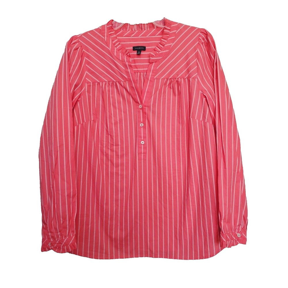 Talbots Cotton Coral Orange Pink Striped Ruffle Trim Henley Popover Tunic Size M